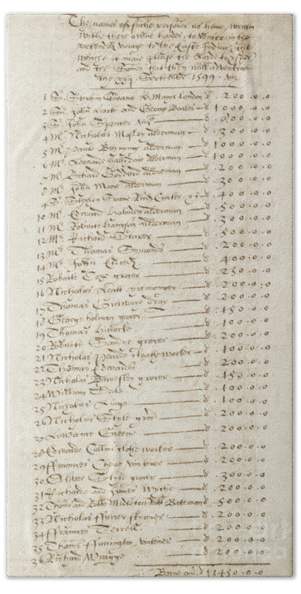 India;indian;indians;asia;asian;asians;asia Beach Towel featuring the drawing The First Subscription List for the English East India Company, 22 September 1599 by English School