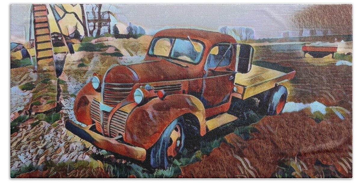 Truck Vehicle Vintage Digital Abstract Car Bag Pillow Beach Towel featuring the pyrography The Flatbed by Bradley Boug
