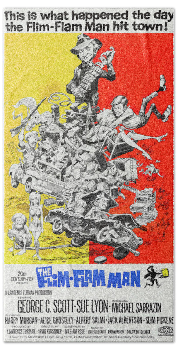 Synopsis Beach Towel featuring the mixed media ''The Flim-Flam Man'', 1967 by Movie World Posters