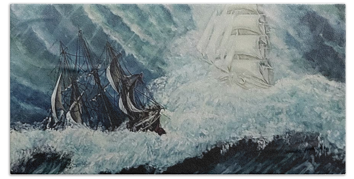 Ghost Ship Beach Towel featuring the painting The Flying Dutchman by Mackenzie Moulton