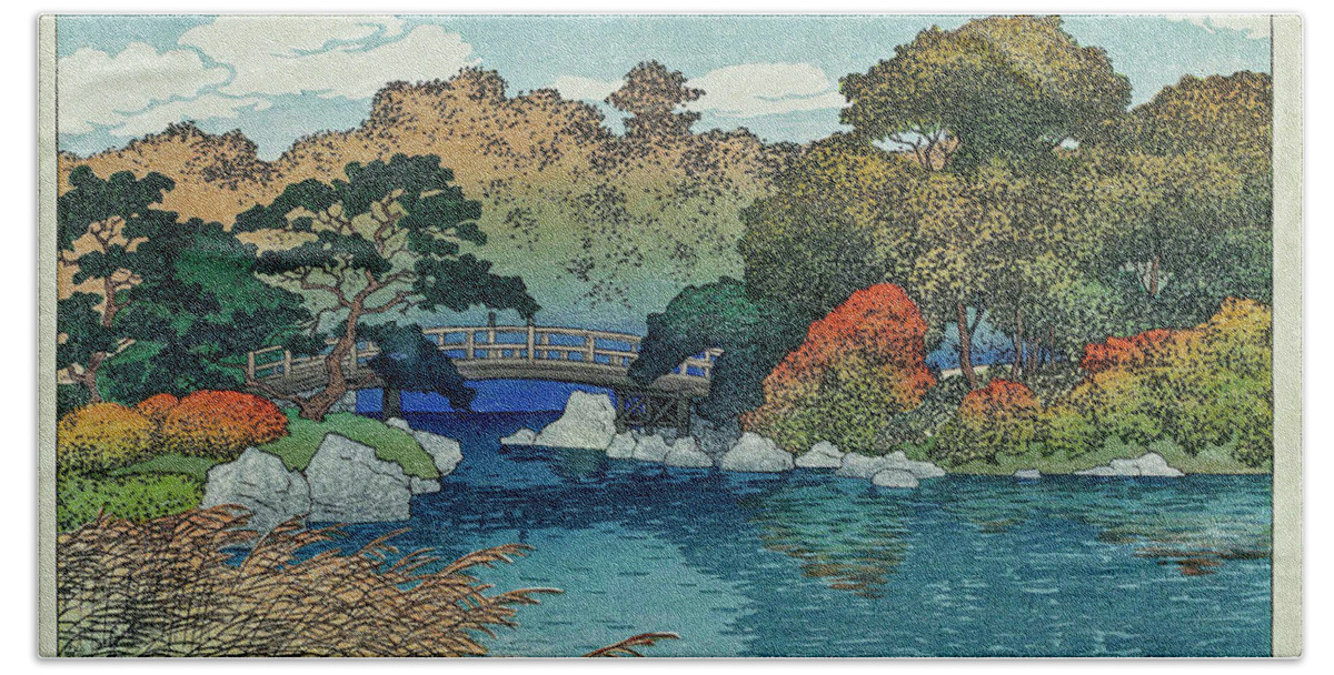 The Garden In Autumn Kawase Hasui (1883–1957) Beach Towel featuring the painting THE GARDEN IN AUTUMN Kawase Hasui by Artistic Rifki