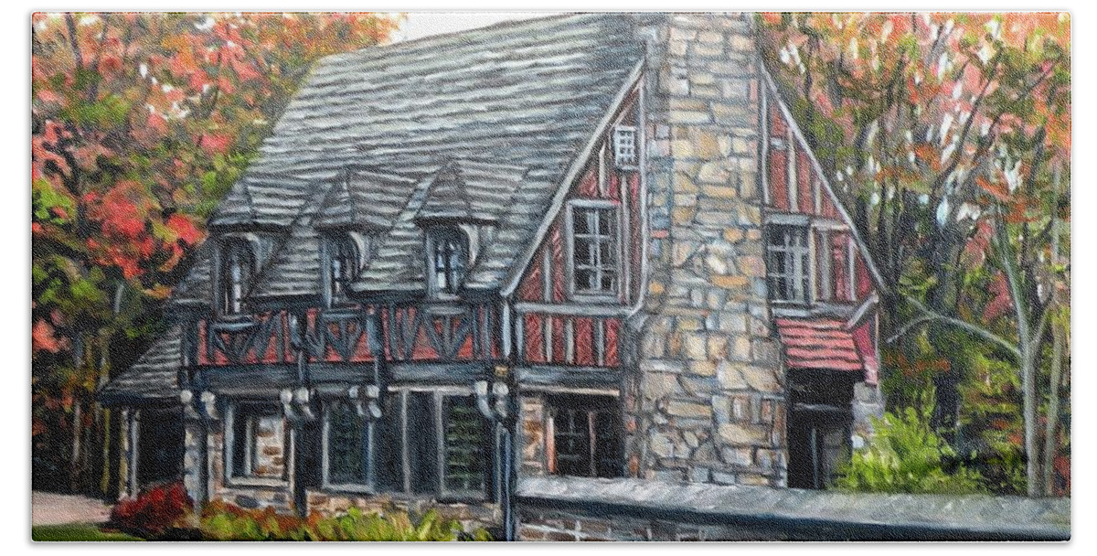 Jordan Pond Beach Towel featuring the painting The Gate House, Jordan Pond by Eileen Patten Oliver