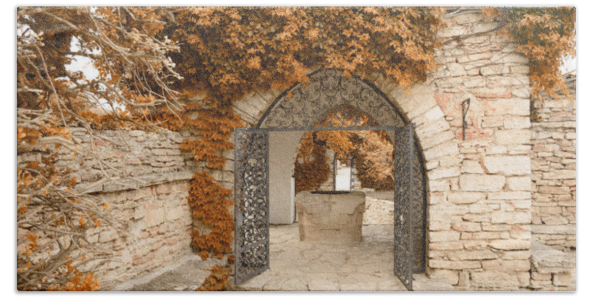 Palace Beach Towel featuring the photograph The gate to the palace gardens - infrared by Yavor Mihaylov