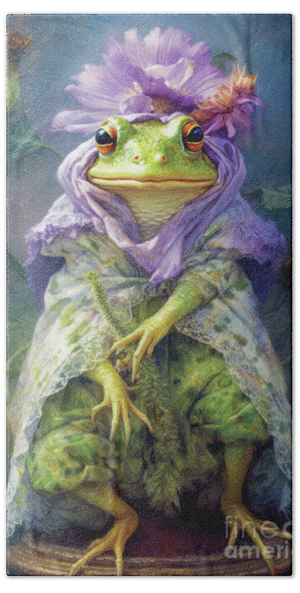 Frogs Beach Towel featuring the painting The Gerbera Daisy Queen Bullfrog by Tina LeCour