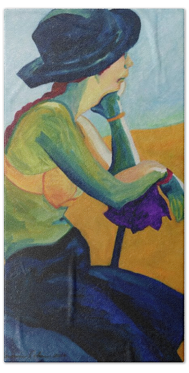 The Girl At The Beach Beach Sheet featuring the painting The Girl at the Beach by Esther Newman-Cohen