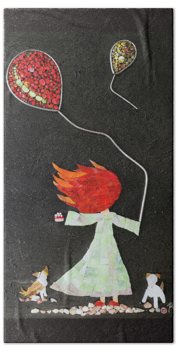 Girl Beach Towel featuring the glass art The girl with two balloons and two small dogs by Adriana Zoon