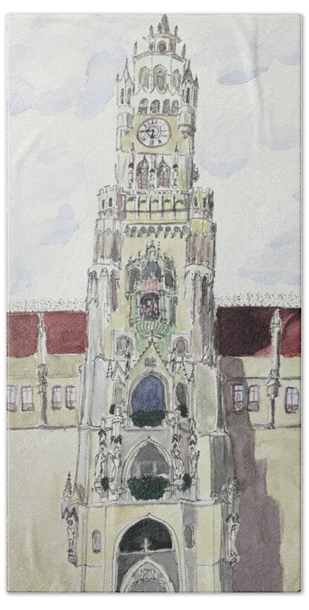 Rathaus Beach Towel featuring the painting The Glockenspiel by Tracy Hutchinson