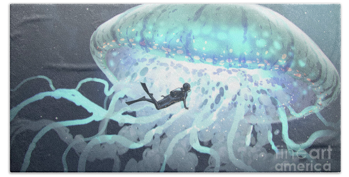 Illustration Beach Towel featuring the painting The Glowing Jellyfish On The Deep Sea by Tithi Luadthong