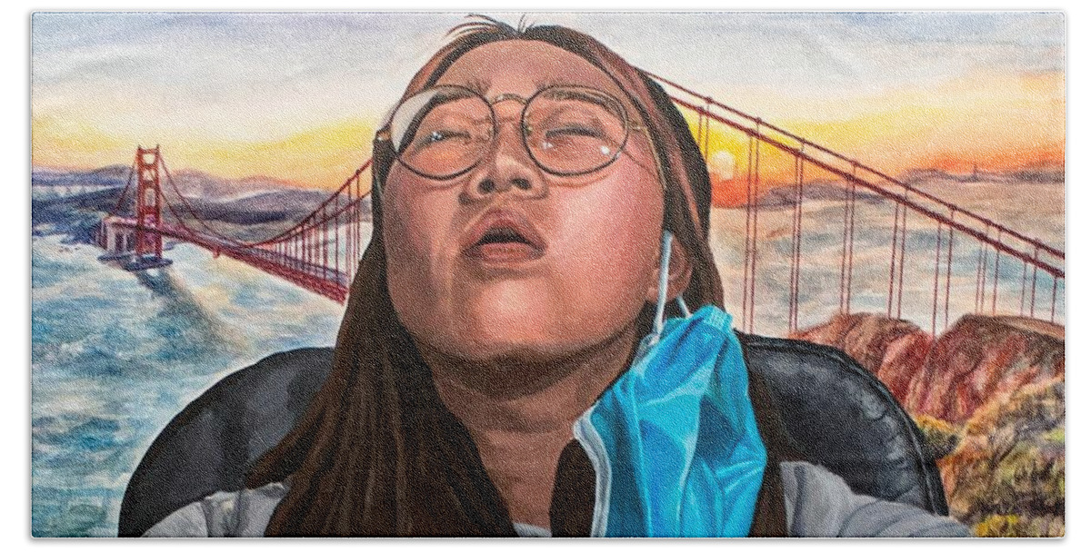 Golden Gate Bridge Beach Towel featuring the painting The Golden Dream by Jennifer Kim 11th grade by California Coastal Commission