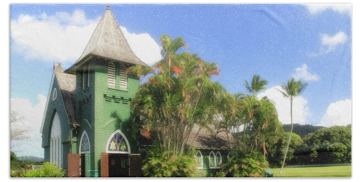 Palm Tree Beach Towel featuring the photograph The Green Waioli Hula Church by Robert Carter