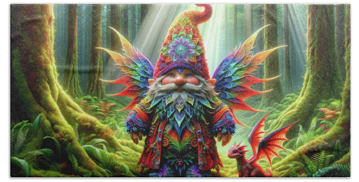 Gnome Beach Towel featuring the photograph The Guardian of Whimsy Wood by Bill and Linda Tiepelman
