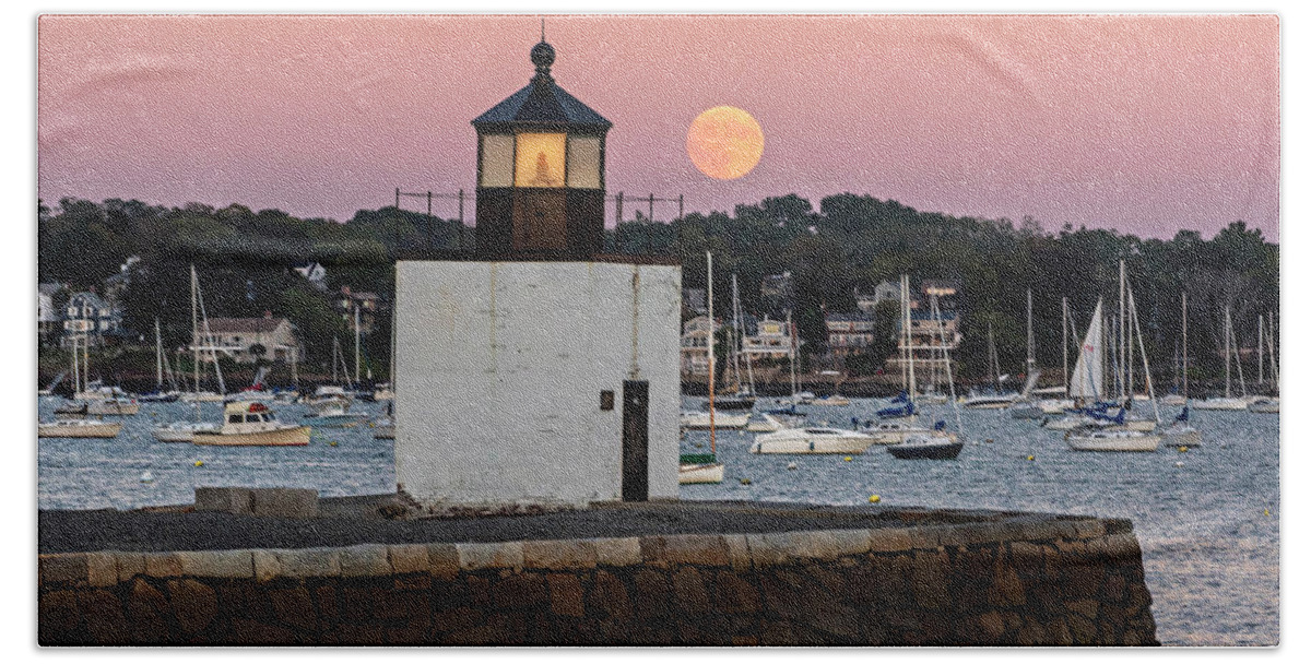 Salem Beach Towel featuring the photograph The Harvest Moon Rising on Derby Light Salem MA by Toby McGuire