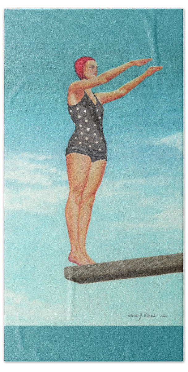High Dive; Diving Board; Vintage Bathing Beauties; Red Swim Cap; Diving Competitions; Vintage Bathing Suits; Swimming; Polka Dot Swim Suit Beach Towel featuring the painting The High Dive by Valerie Evans