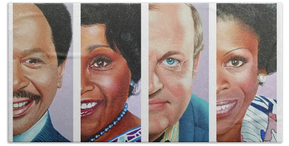 Tv Sitcom Beach Towel featuring the painting The Jeffersons by Vic Ritchey