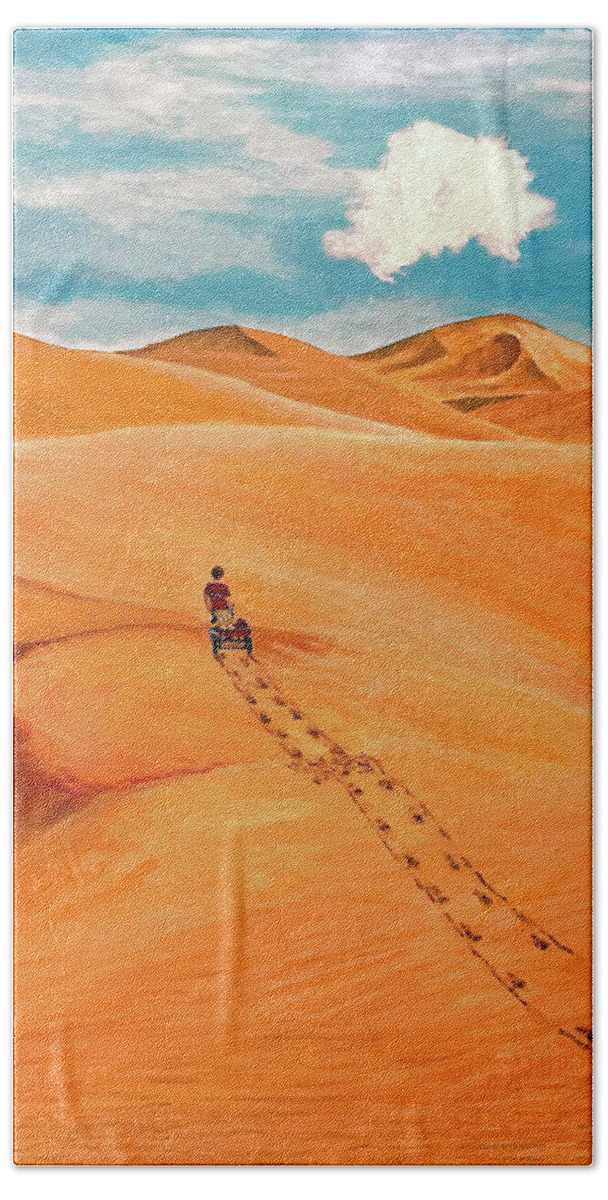 Boy And His Wagon Beach Towel featuring the painting The Journey by Thomas Blood