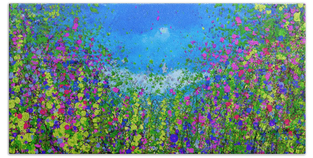 Tall Grass Beach Towel featuring the mixed media The Kingdom of Bees in Tall Grass Meadow Abstract Wild Flowers by Lena Owens - OLena Art Vibrant Palette Knife and Graphic Design