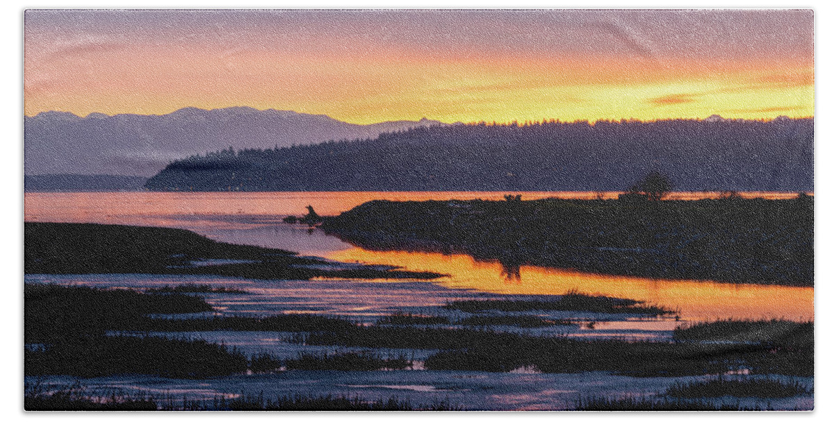 Outdoor; Estuary; Skagit; Sunset; Colors; Skagit Bay; Washington Beauty Beach Towel featuring the digital art The last light at Skagit Estuary by Michael Lee