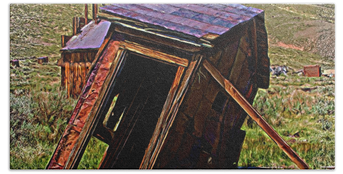 Abandoned Beach Towel featuring the digital art The Leaning Outhouse Of Bodie by David Desautel