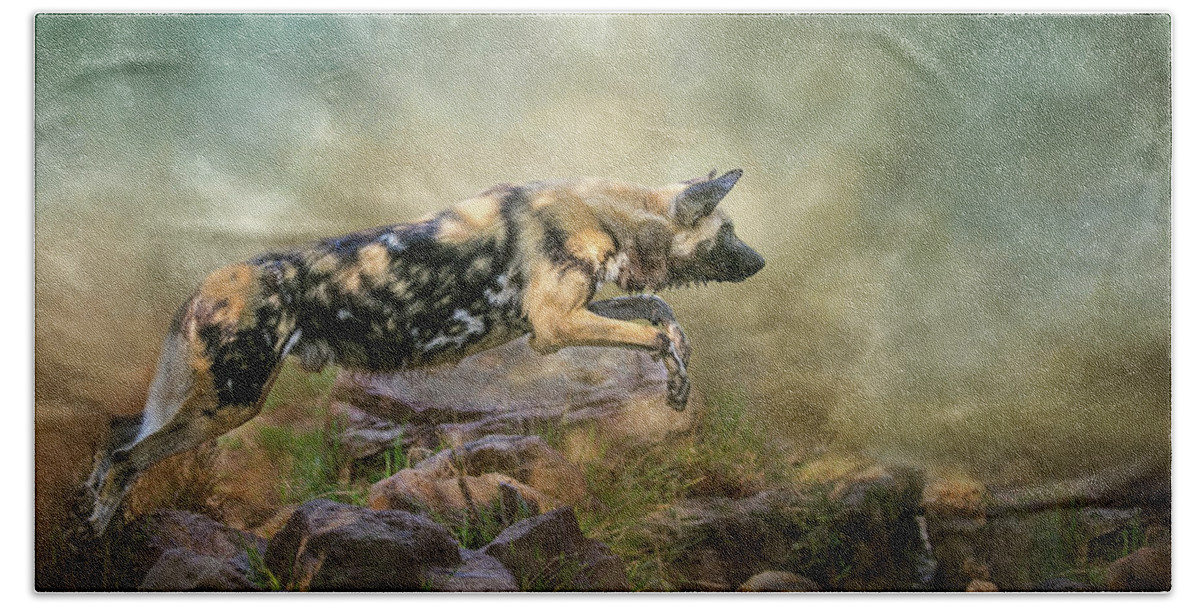 African Wild Dog Beach Towel featuring the digital art The Leap by Nicole Wilde