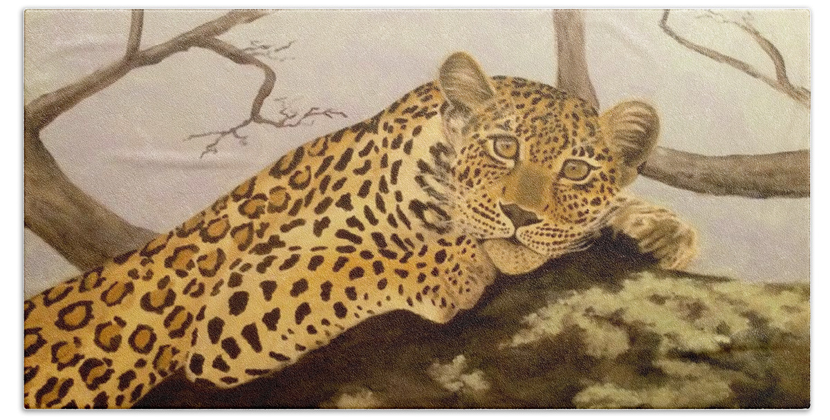 Leopard Beach Towel featuring the painting The Leopard by Sherrell Rodgers