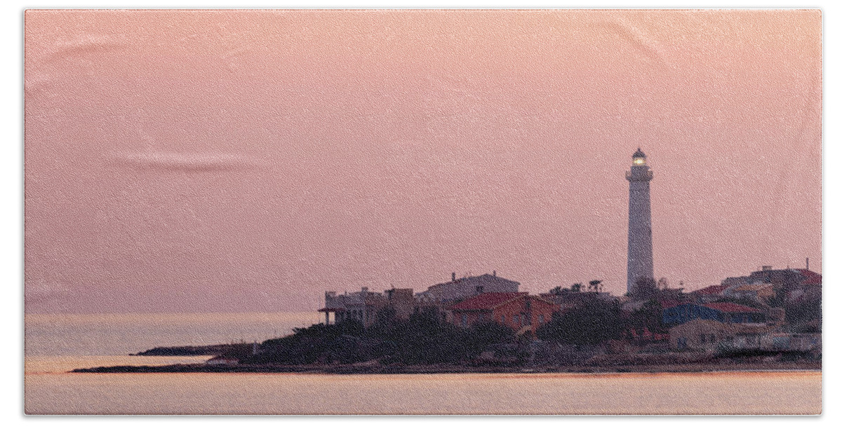 Sicily Beach Towel featuring the photograph The lighthouse in Punta Secca at sunset by Mirko Chessari
