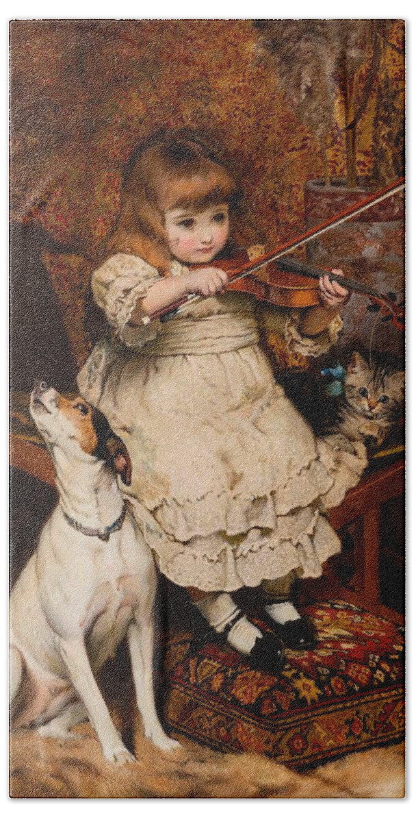 Painting Beach Towel featuring the painting The Little Violinist by Charles Burton Barber
