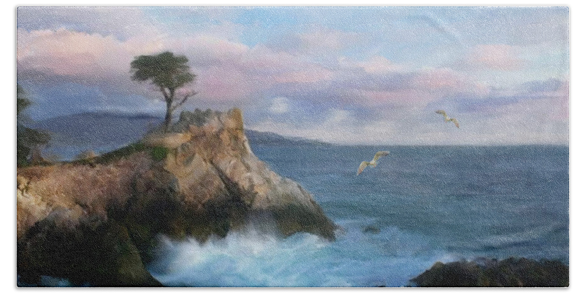 Cypress Point Beach Towel featuring the mixed media The Lone Cypress at Cypress Point by Colleen Taylor