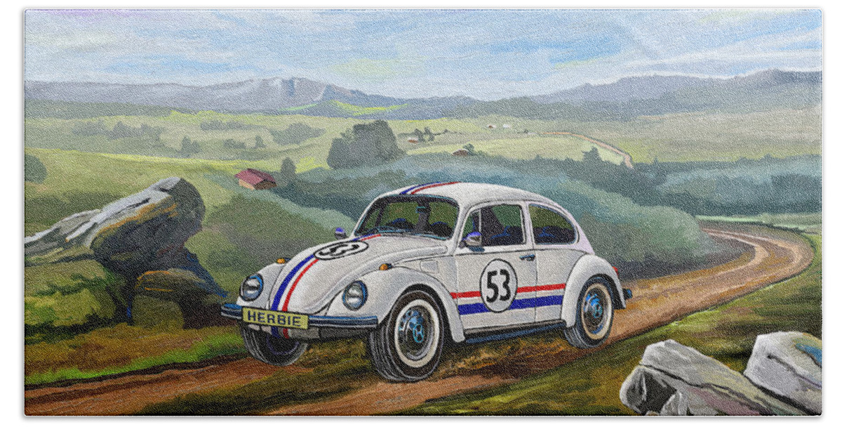 Herbie Beach Towel featuring the painting The Love Bug - Herbie by Anthony Mwangi