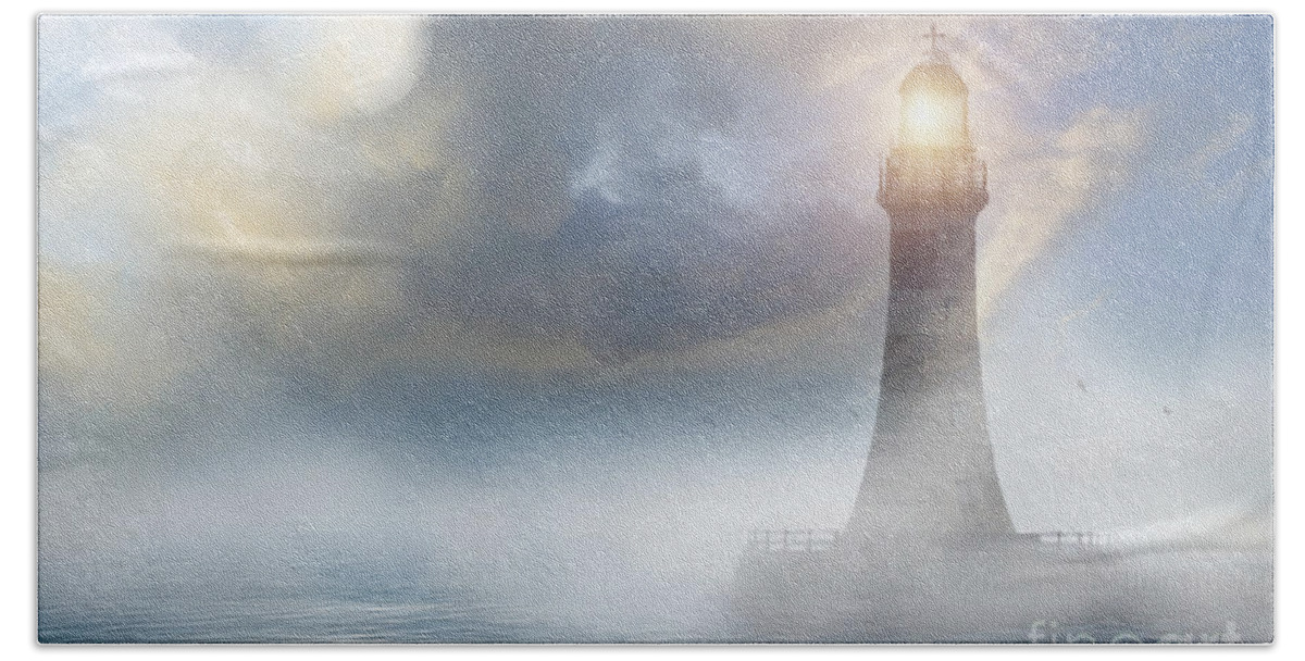Roker Lighthouse Beach Towel featuring the mixed media The North Sea and Roker Lighthouse in Moonlight by Morag Bates