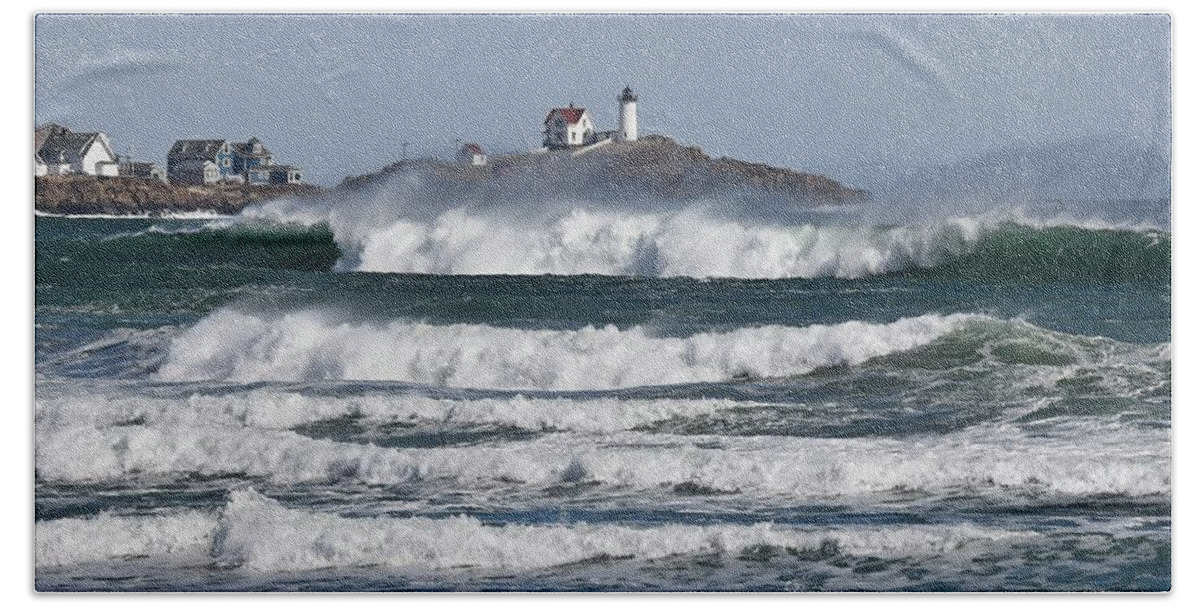 Cape Neddick Beach Towel featuring the photograph The Ocean Storm at the Nubble by Steve Brown
