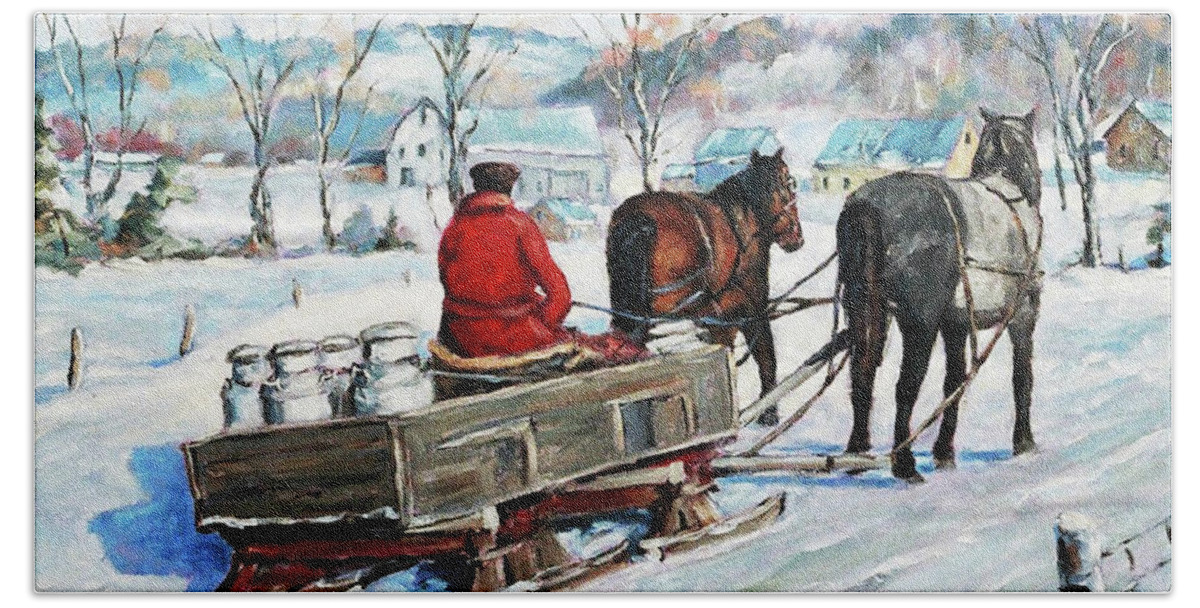 Prankearts Beach Towel featuring the painting The Old days, Dairyman who delivers his milk to the inhabitants in winter by Richard T Pranke