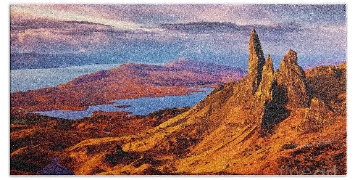 Old Man Of Storr Beach Towel featuring the photograph Old Man of Storr at sunrise, Isle of Skye by Neale And Judith Clark