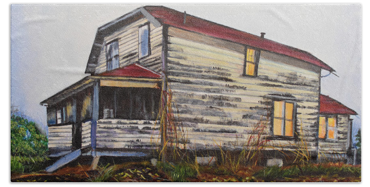 Manigotagan Beach Towel featuring the painting The Old Quesnel Homestead by Marilyn McNish