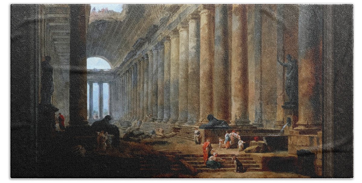 The Old Temple Beach Towel featuring the painting The Old Temple by Hubert Robert Old Masters Fine Art Reproduction by Rolando Burbon