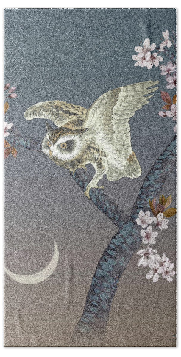 Owl Beach Towel featuring the mixed media The Owl and the Moon by M Spadecaller