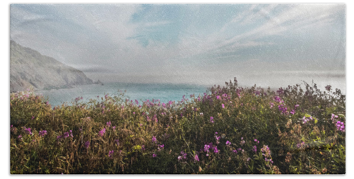 Clouds Beach Towel featuring the photograph The Pacific Coastline Wildflowers in Soft Hues by Debra and Dave Vanderlaan