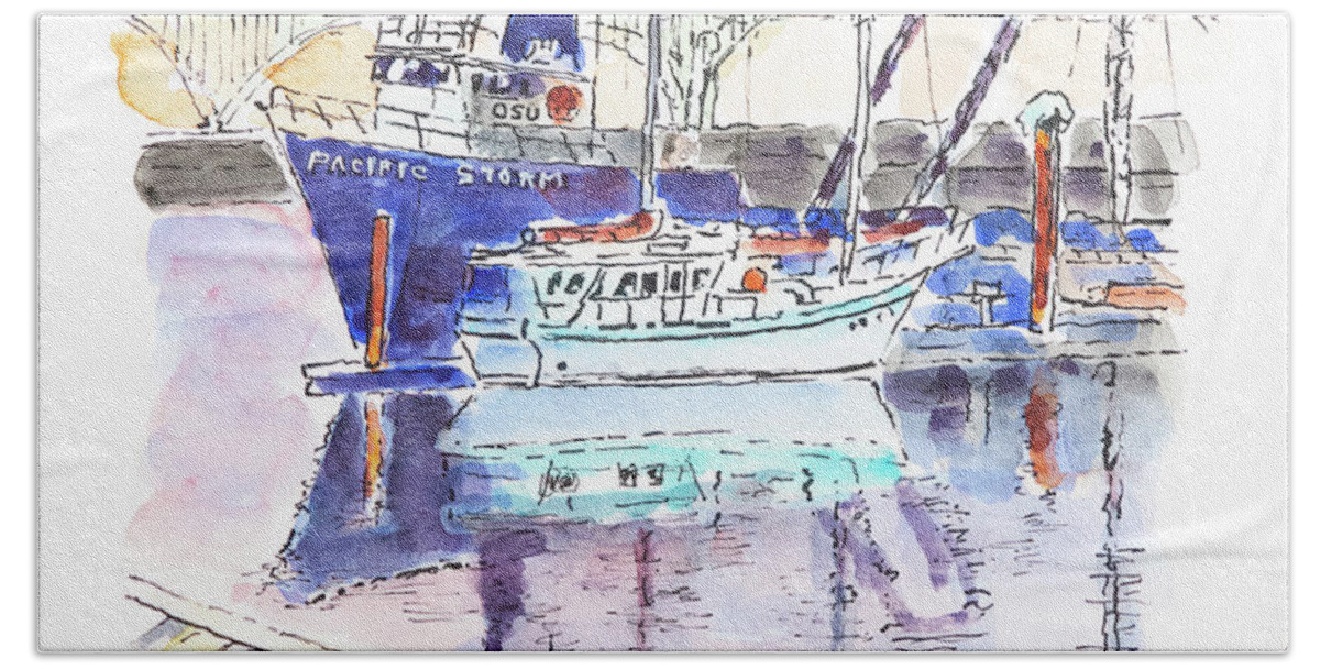 Boats Beach Towel featuring the drawing The Pacific Storm OSU Research Vessel by Mike Bergen