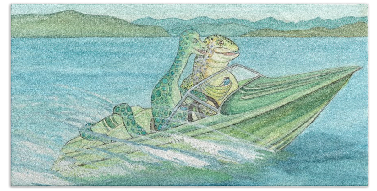 Pend Oreille Paddler Beach Towel featuring the painting The Paddler and a Brook Trout go for Cruise by Whitney Palmer