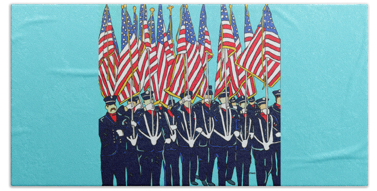 Usa Firemen Memorialday Flag America Americanflag Flags Parade Memorialdayparade Beach Towel featuring the painting The Parade by Mike Stanko