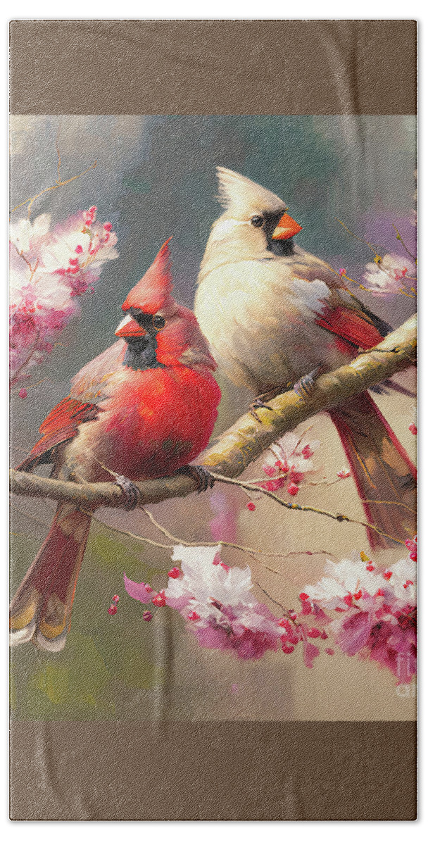 Nothern Cardinals Beach Towel featuring the painting The Perfect Pair by Tina LeCour