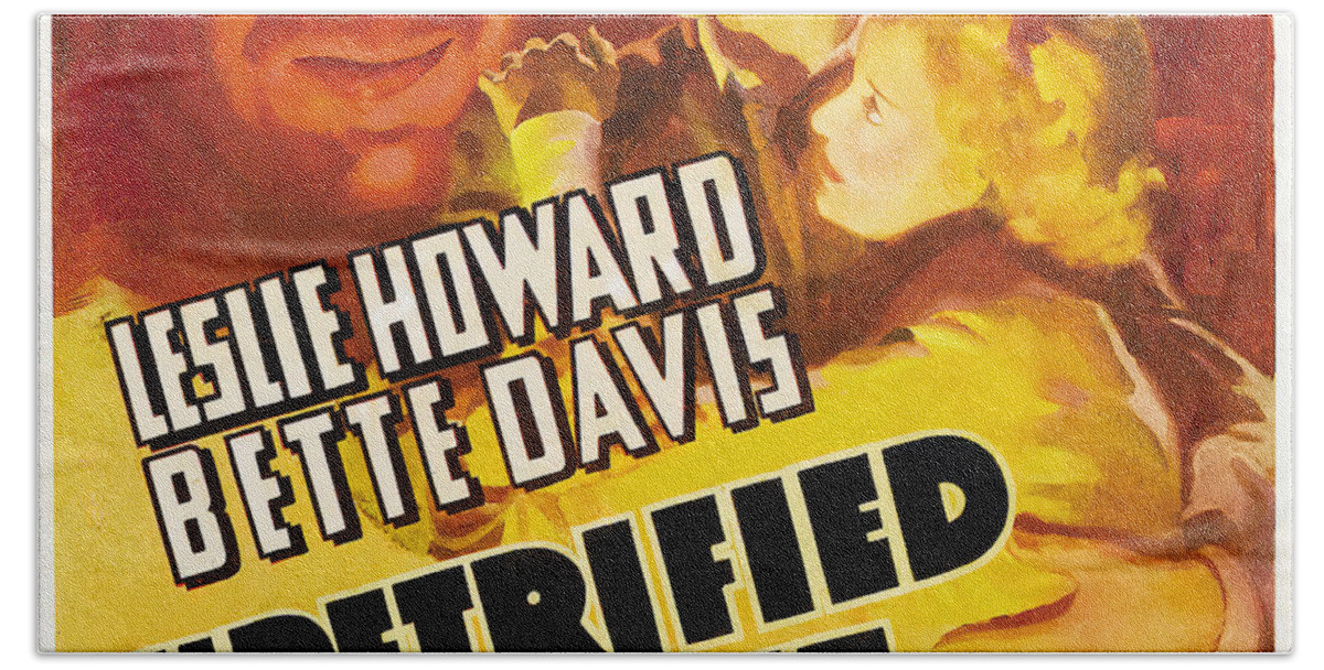 Petrified Beach Towel featuring the mixed media ''The Petrified Forest'', with Leslie Howard and Bette Davis, 1936 by Movie World Posters