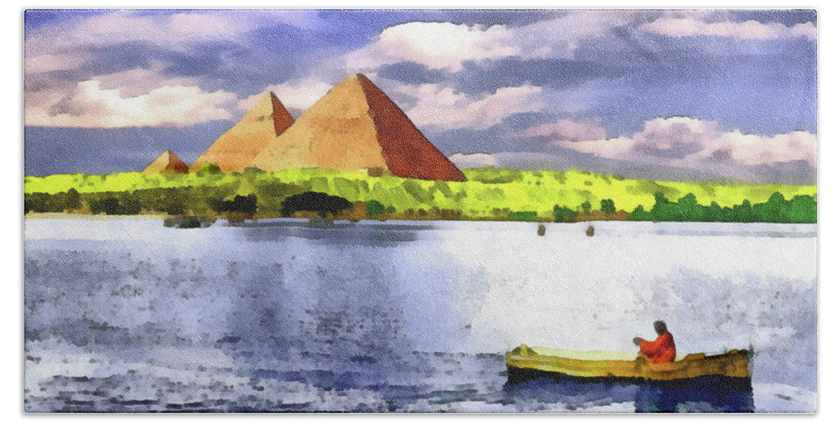 The Pyramids Of Gizah Beach Towel featuring the painting The Pyramids of Gizah by George Rossidis