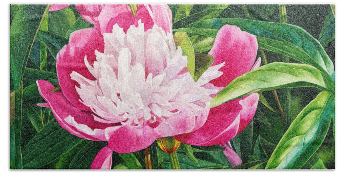 Peony Beach Towel featuring the painting The Queen of the Garden by Espero Art