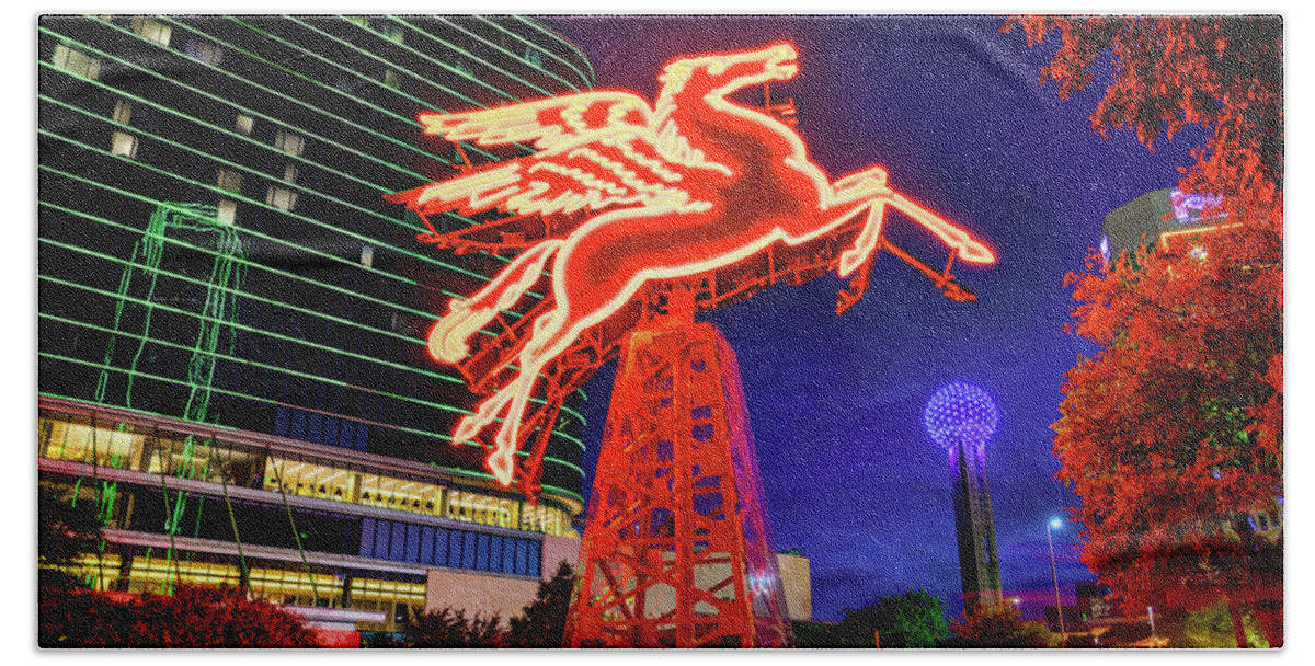 America Beach Towel featuring the photograph The Red Pegasus In Downtown Dallas Texas and Reunion Tower Panorama by Gregory Ballos