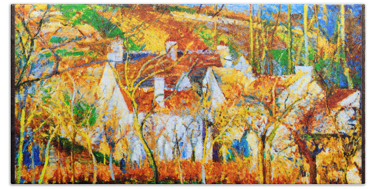 Camille Beach Towel featuring the painting The Red Roofs, Corner of a Village Winter 1877 by Camille Pissarro