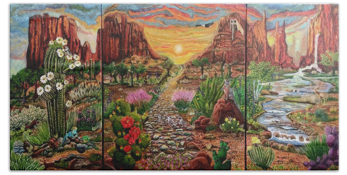 Sedona Beach Towel featuring the painting The Sedonian Paradise by Patricia Arroyo