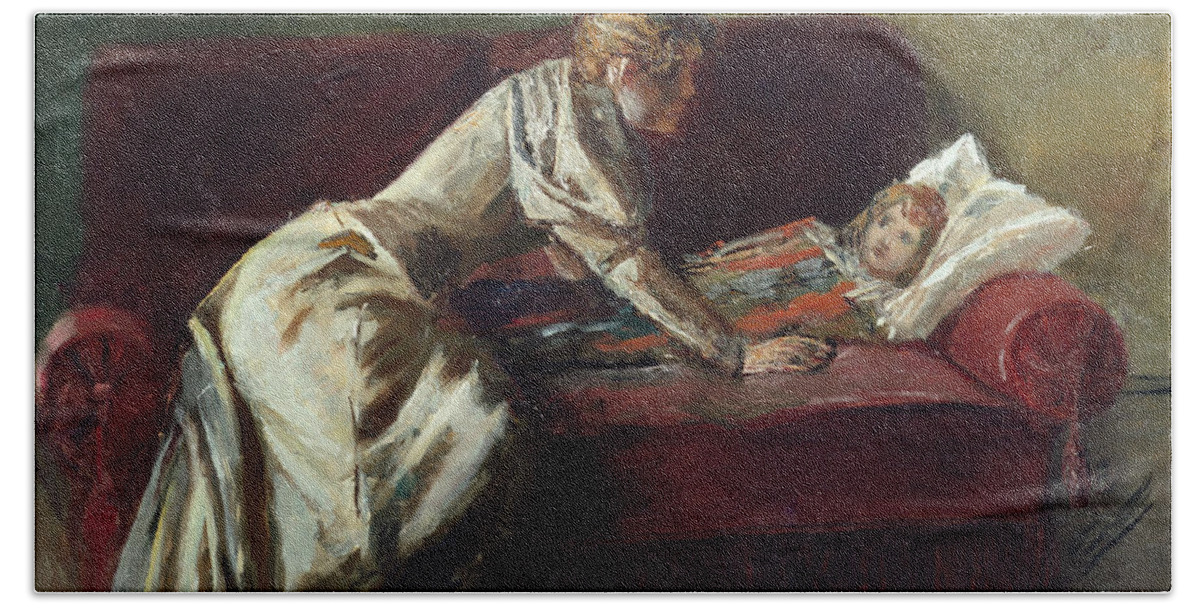 Christian Krohg Beach Towel featuring the painting The sick child by O Vaering by Christian Krohg