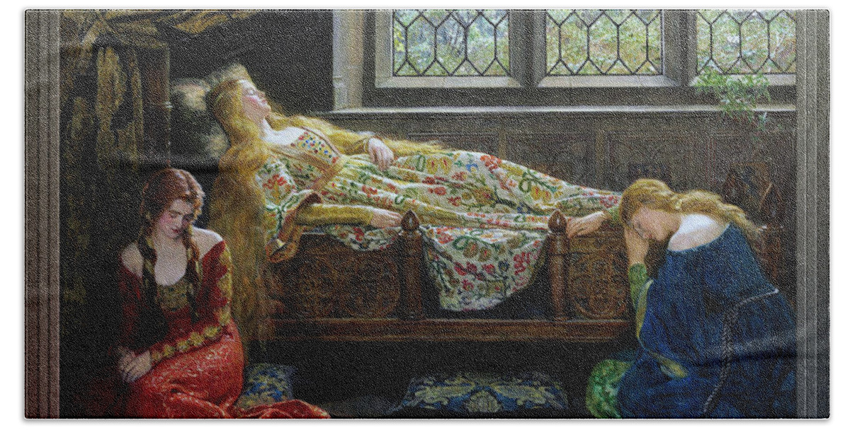 The Sleeping Beauty Beach Towel featuring the painting The Sleeping Beauty by John Collier by Rolando Burbon