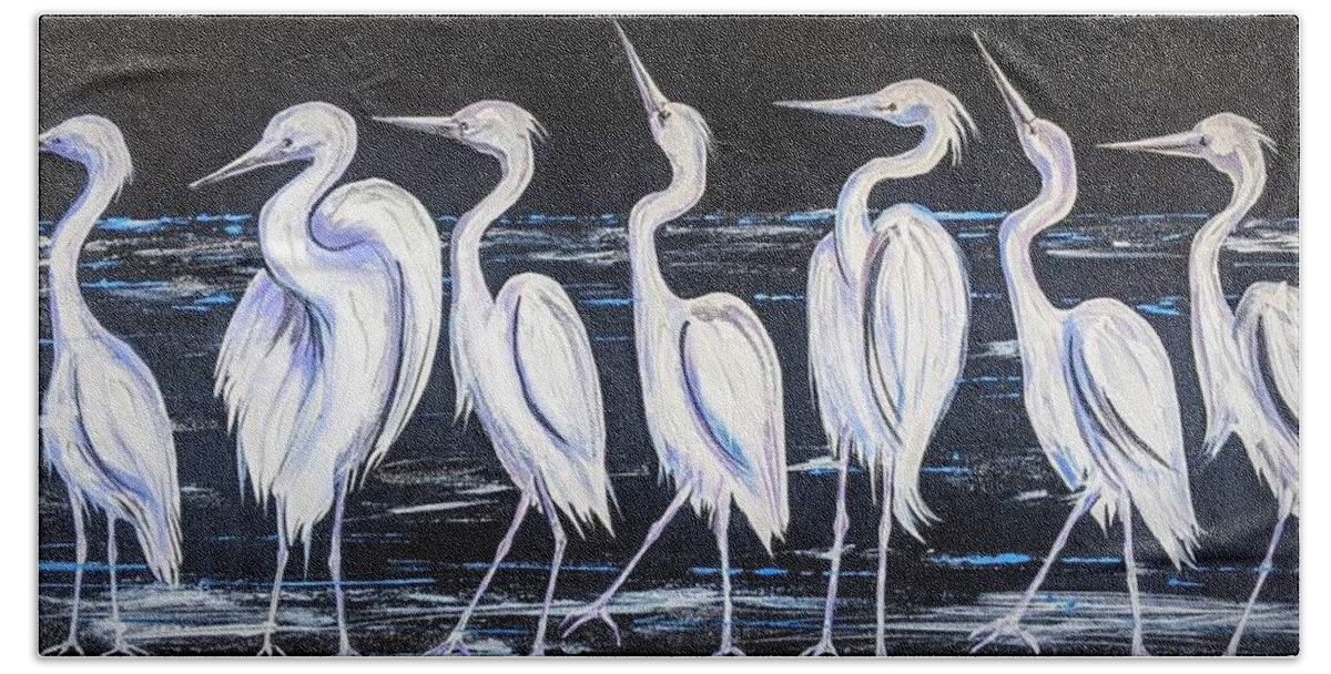 Birds Beach Towel featuring the painting The song of the cranes by Katerina Kovatcheva