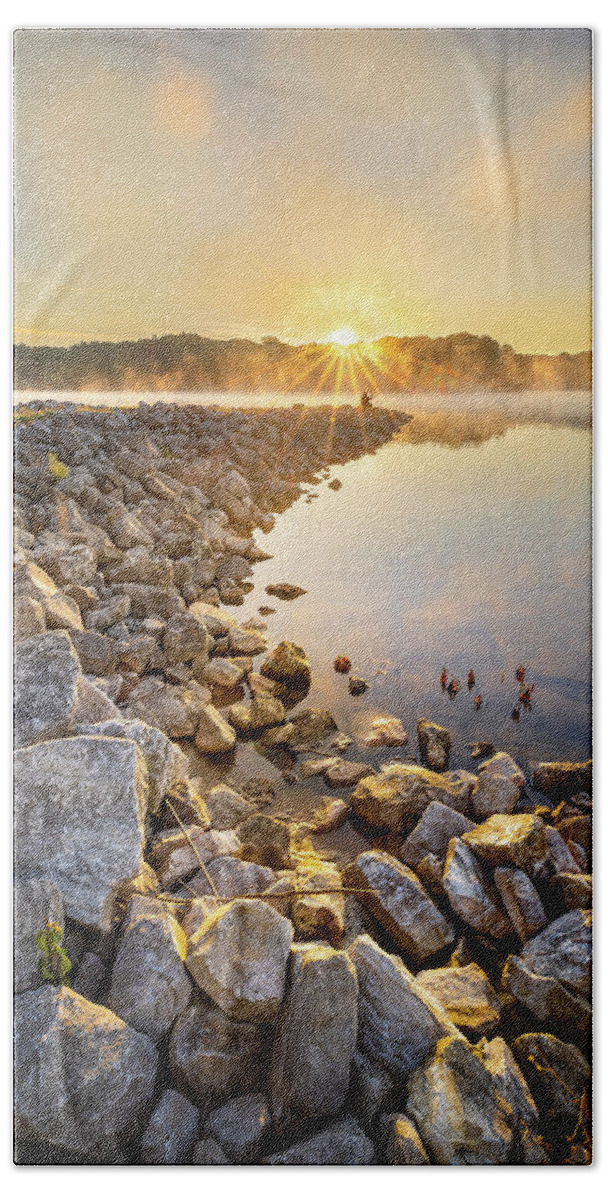 Lake Lamar Bruce Beach Towel featuring the photograph The Sunrise Fisherman by Jordan Hill